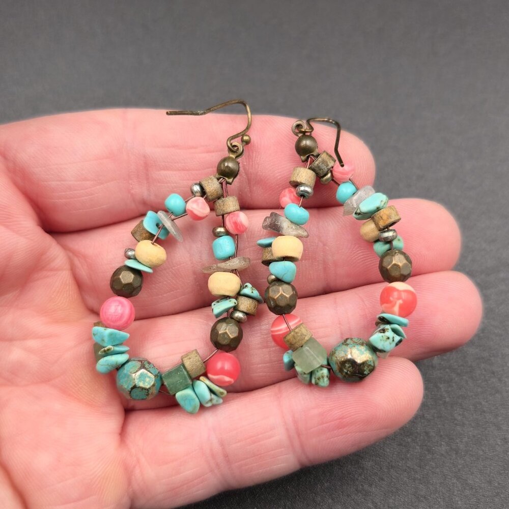 Copper Turquoise Wood Howlite Stones Dangle Earrings B827 - Picture 3 of 5